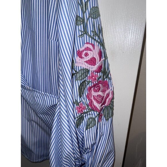 I.N.C. Blue Thin Stripes Embroidered Sleeves Belted Side Zipper Blouse Sz XL - Picture 7 of 14